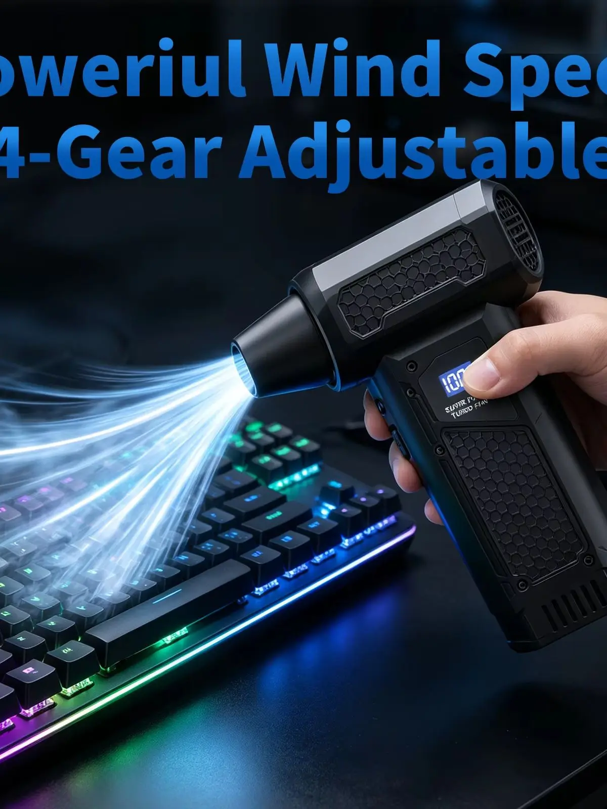 Kabelloser elektrischer Luftbläser mit Hochgeschwindigkeits-Brushless-Motor, wiederaufladbar, LED-Display, 4000mAh Akku, USB-C, 5 Düsen für PC, Auto, Zuhause, Tastaturreinigung