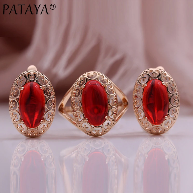 PATAYA New Oval Red Natural Zircon Earrings Ring Set 585 Rose Gold Color Fashion Women Jewelry Creative Wedding Party Set