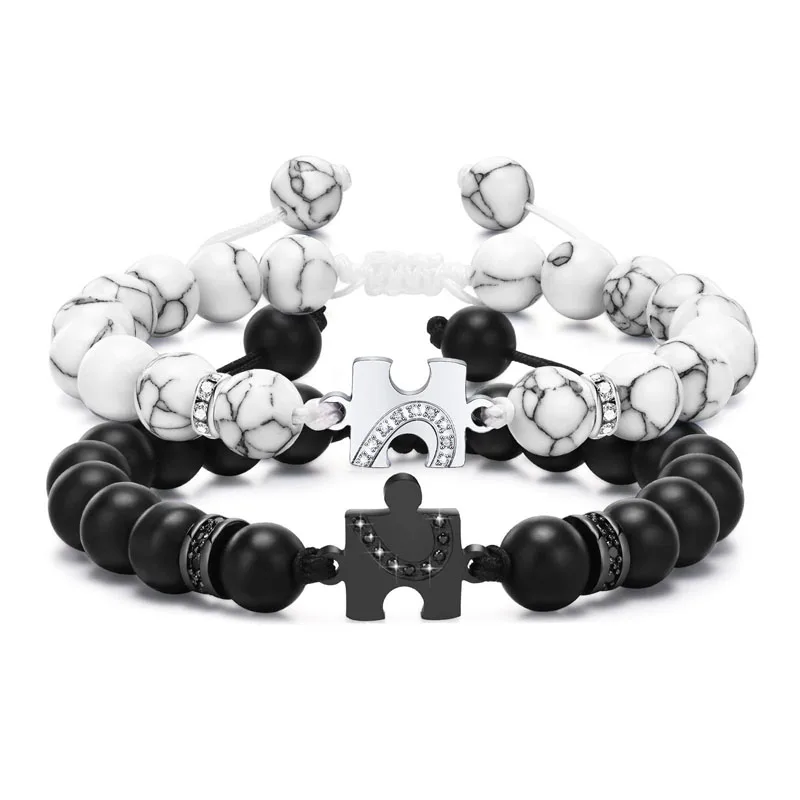 Love Puzzle Bracelet For Men Women Couples Stainless Steel Cuban Chain Lover Matching Beaded Bracelets For Him And Her Set