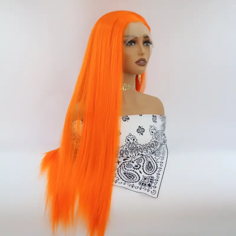 Peruca dianteira de renda laranja brilhante, cabelo sintético resistente ao calor de alta qualidade feito sem cola, aparência natural, macio ao toque