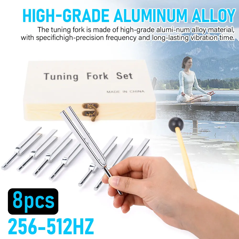 8Pcs 256-512HZ Steel Tuning Fork Set Health Physics Vibration Medical Diagnostic + Mallet Vibration Healing Therapy Medical Tool