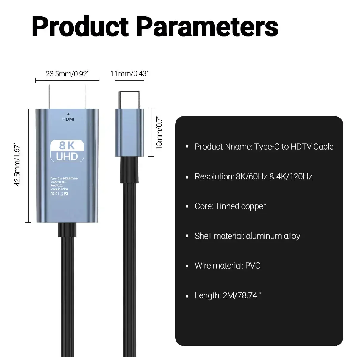 8K UHD Type-C to HDTV Cable with 8K 60Hz/4K 120Hz Perfect for Streaming Gaming Support iPhone 15 Series Samsung Mac Pro Switch