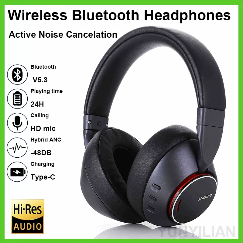 YYL Y889 ANC Bluetooth Headphones Active Noise Cancelling ANC Max Headsets ENC-Calling HD-Mic HiFi Stereo Bluetooth Earphones