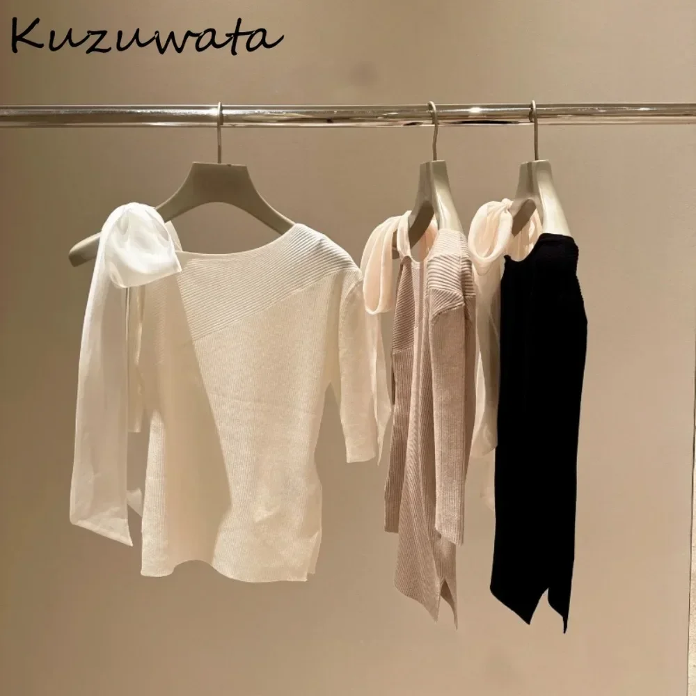 Kuzuwata Moda New Slash Neck Half Sleeve Patchwork Jumper Off Shoulder Sweet Lace Up Casual Pullover Japan Bow Slim Fit Knitwear