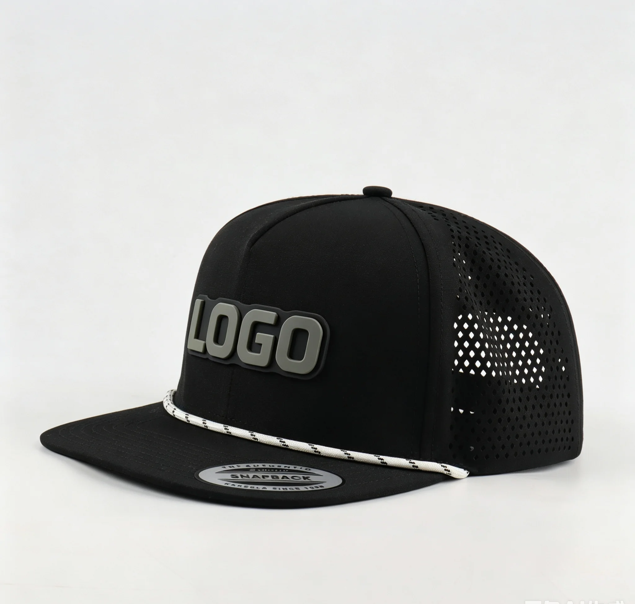 Customized 5 Panel Flat Brim Hat Waterproof Laser Cut Perforated Rope Sports Cap with Custom Logo PVC Rubber Patch for Wholesale
