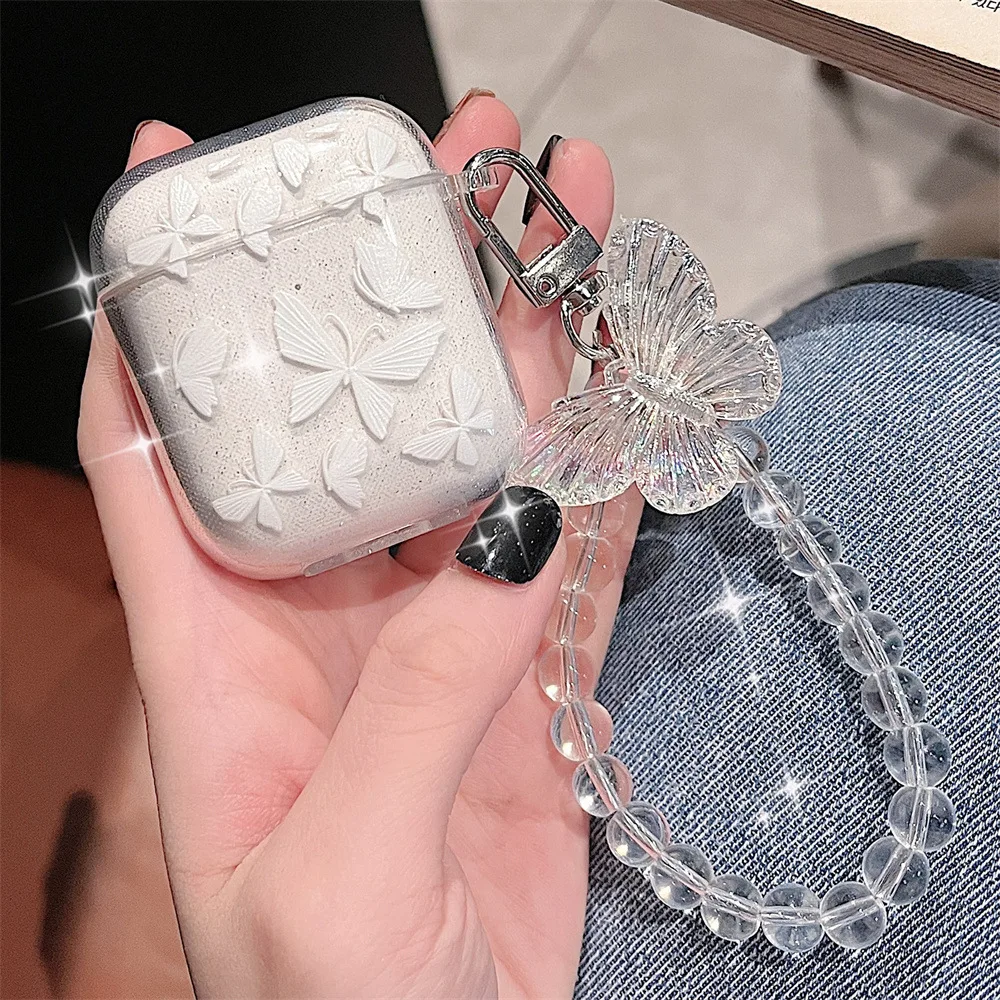 Crystal Butterfly Pendant Bead Bracelet Earphone Case for Apple airpods 1/2 /3 For Airpods Pro 2nd Earphone Case With Keychain