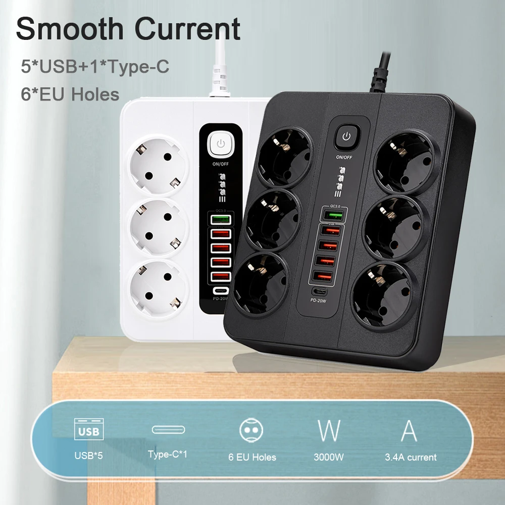 EU Power Strip AC Outlet Multiprise Extension Cord Electrical Overload Protection Socket With USB Ports Multitap Network Filter