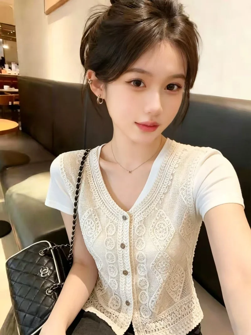 

Premium Feel Embroidered Hollow out Knitted Tank Top Women's Summer New Short Sleeve T-Shirt Upper Body Two Piece Set