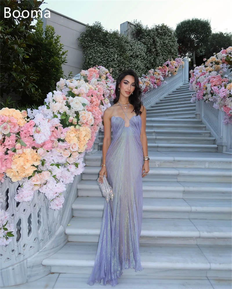 Booma Shiny Mermaid Backless Evening Dresses Formal Party Gowns for Women Pleat Long Sleeveless Prom Gown Customize image 5
