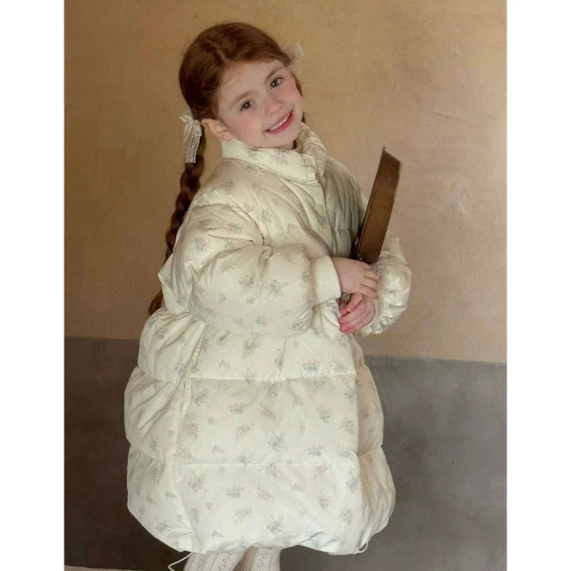 Winter Girls' Coat Warm 2025 New Small Floral Long Style Kids Clothing Casual Loose Children's Outdoor Cotton Jacket RM117