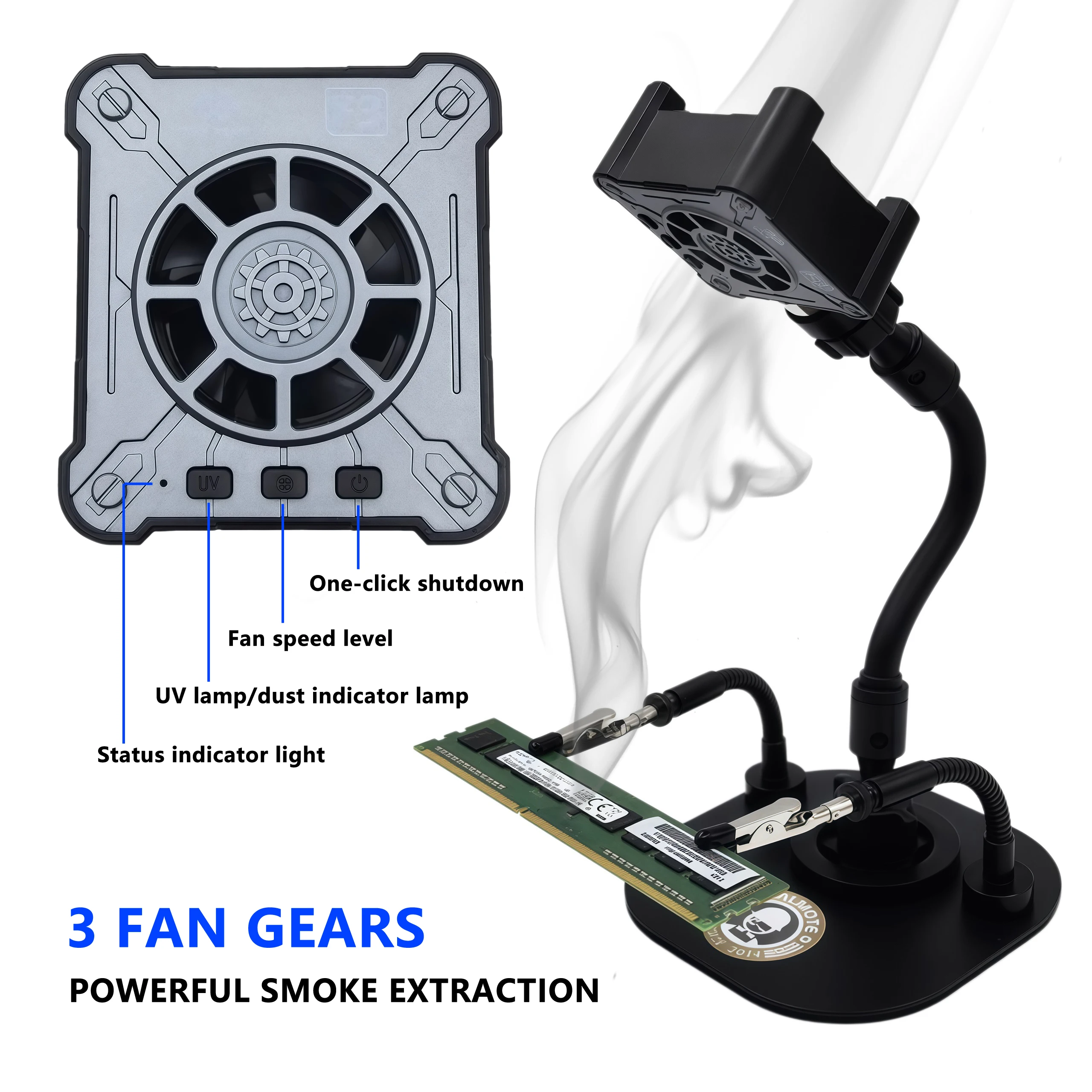 4in1 Reversible Phone Repair Fan Smoke Extractor, UV Curing & Dust Light, Dual Magnetic Flexible Gooseneck for Soldering