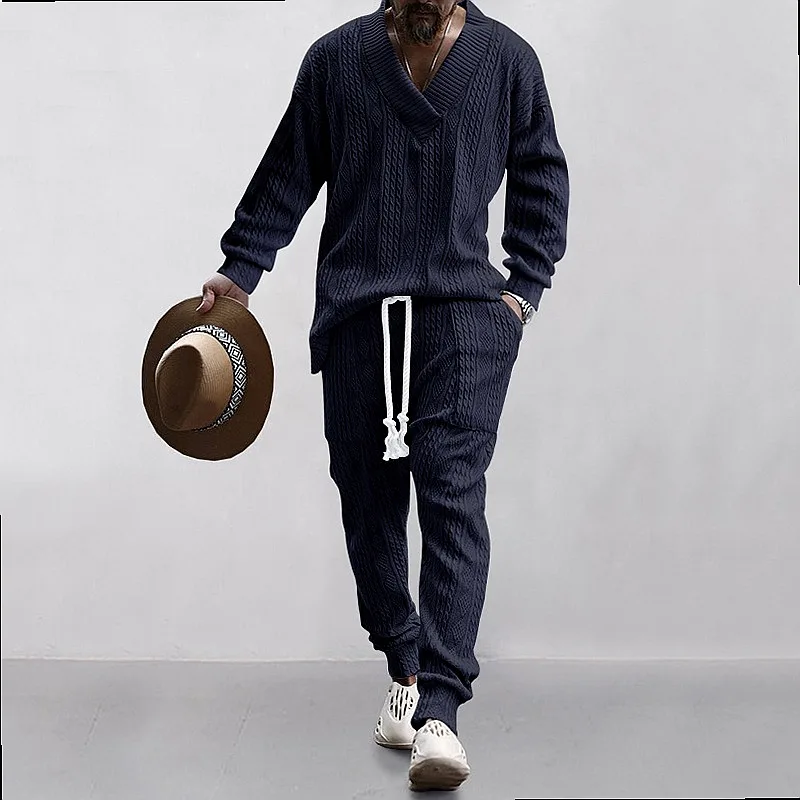Men's Casual Pants V-Neck Jacquard Knit Top Matching Set Spring Summer Tracksuit