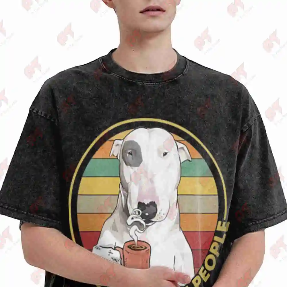 I Hate People Bull Terrier Dog Lovers Vintage Washed Tee Pure Cotton T-Shirt