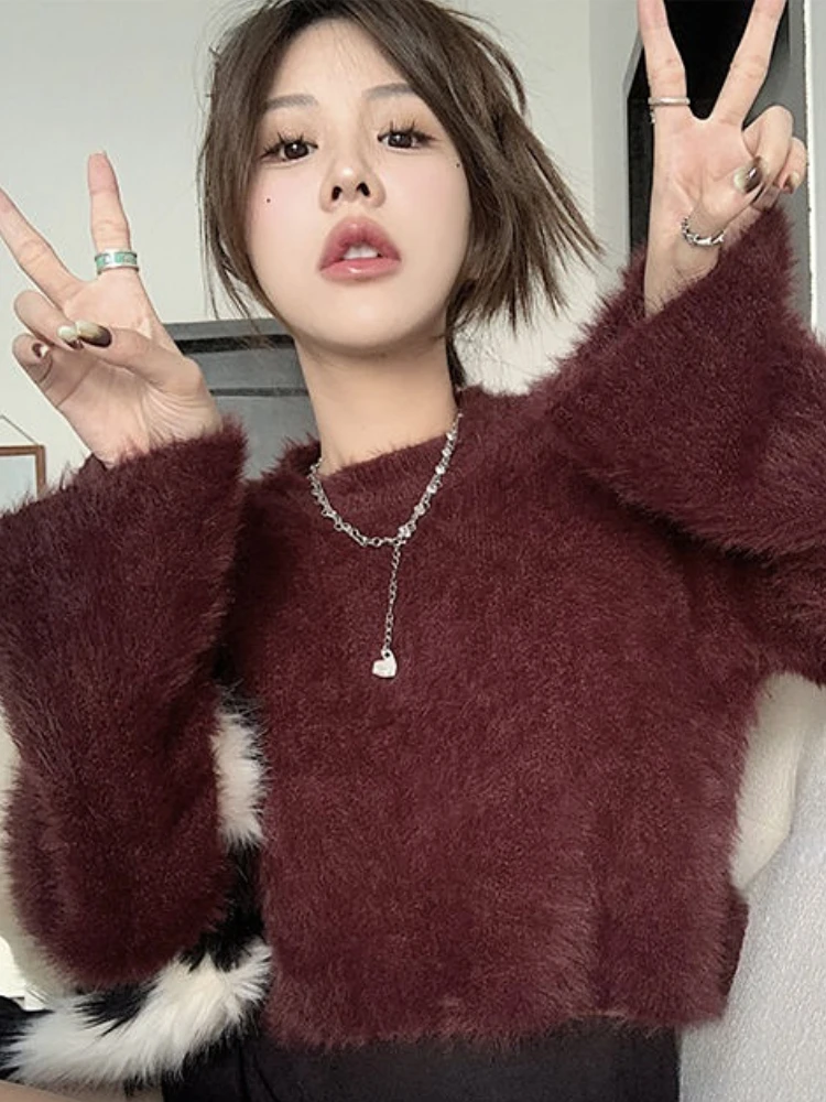 Fluffy Knitted Pullovers Women Crop Design Sexy Elegant Ladies Chic O-neck Hot Sweet Girls Waistless Simple All-match New Winter