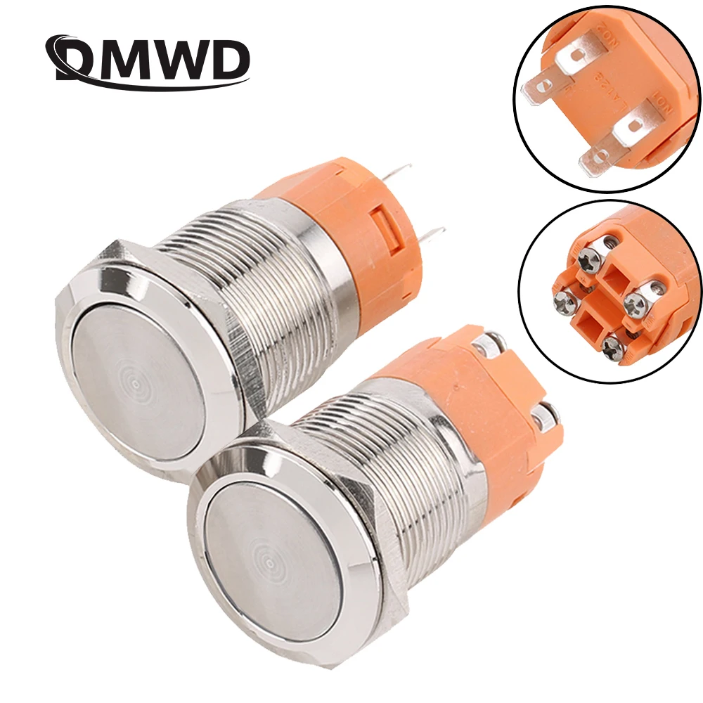 

15A Heavy Duty Button 19mm Metal Push Button Switches Flat Round Momentary Latching Locking 2NO Screw Terminal NO LED