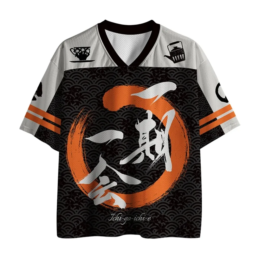 Japanese-style Calligraphy 3D Print Sport Quick-dry Breatha Men Vneck Tshirt Outdoor Street Y2K Harajuku Casual Parent-child Top