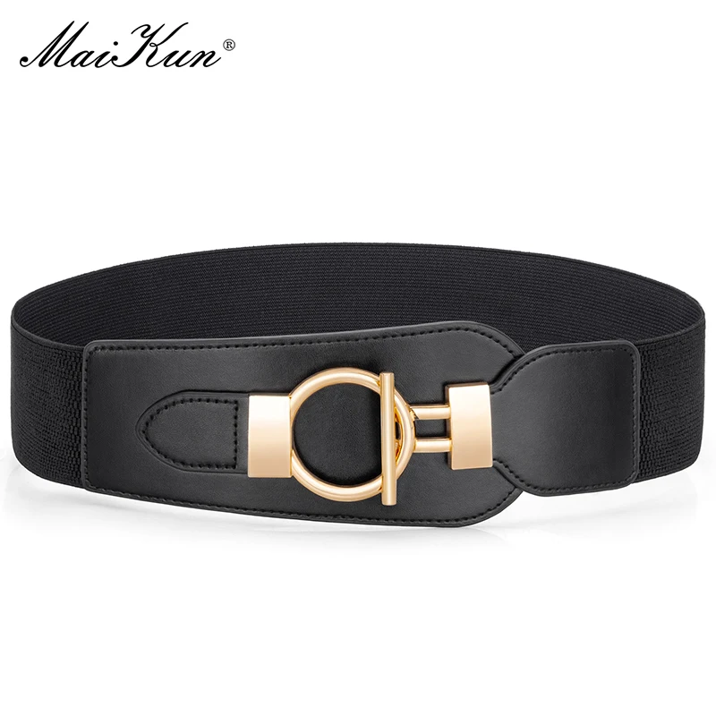 

Maikun Elastic Belts For Women Black Waist Stretch Belt Women's Gold Alloy Buckle Chunky Wide Belt