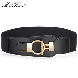 Maikun Elastic Belts For Women Black Waist Stretch Belt Women's Gold Alloy Buckle Chunky Wide Belt