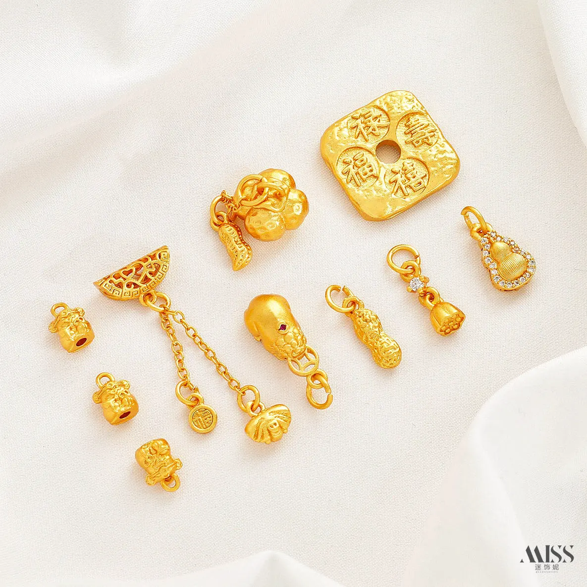 Copper-plated 24K Sand Gold, Good Things Happen, Brushed Gourd Pixiu Peanut Lotus Pod Pendant DIY Hanging Jewelry Accessories