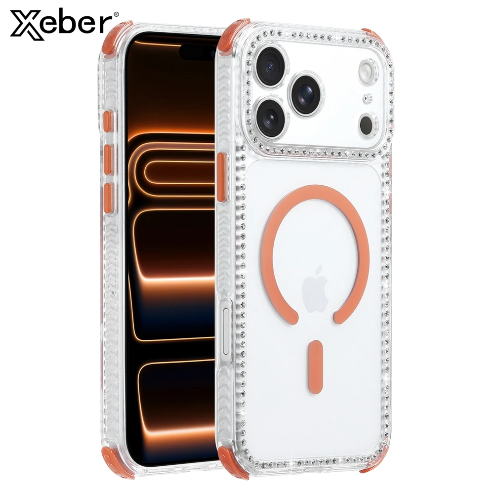 Étui magnétique transparent avec lanière bandoulière et strass pour iPhone 17 Pro Max Air 16 Plus, compatible MagSafe, coque arrière rigide en acrylique PC