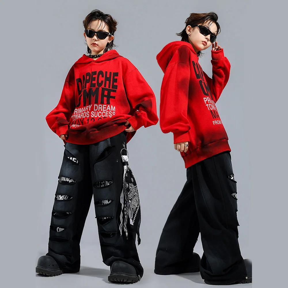 Kids Boys Girls Streetwear Hip Hop Hoodie Ripped Pants Tracksuits Children Hooded Sweatshirts Trouser Sets Performance Clothes