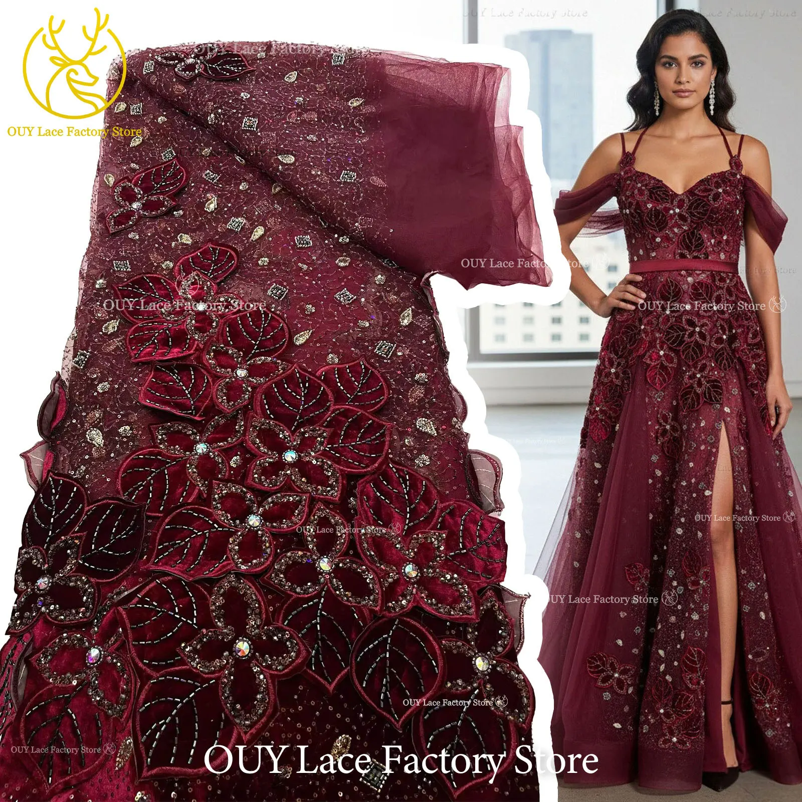 Weinroter Luxus Afrikanischer Samt DIY Handgemachte Stickerei Blatt-Pailletten Spitzenstoff 2026 Französischer Bräutigam Perlen-Spitzenstoff Kleid – Detail 4
