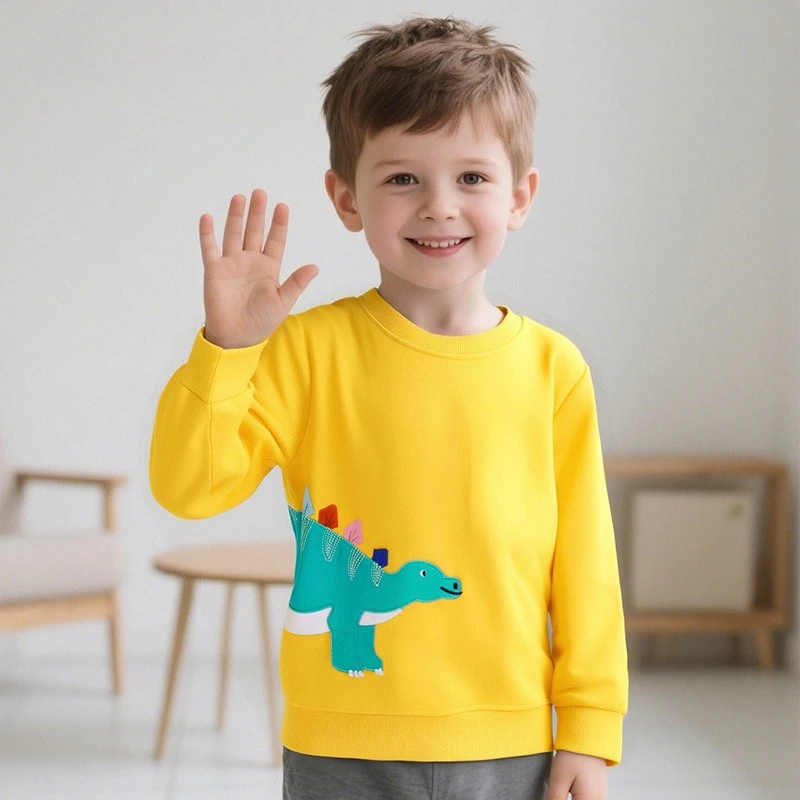 Boys Pullover Tops 100% Cotton Dinosaur Applique Hoodies Sweatshirts Toddler Kids Crew Neck Long Sleeve Casual Clothes