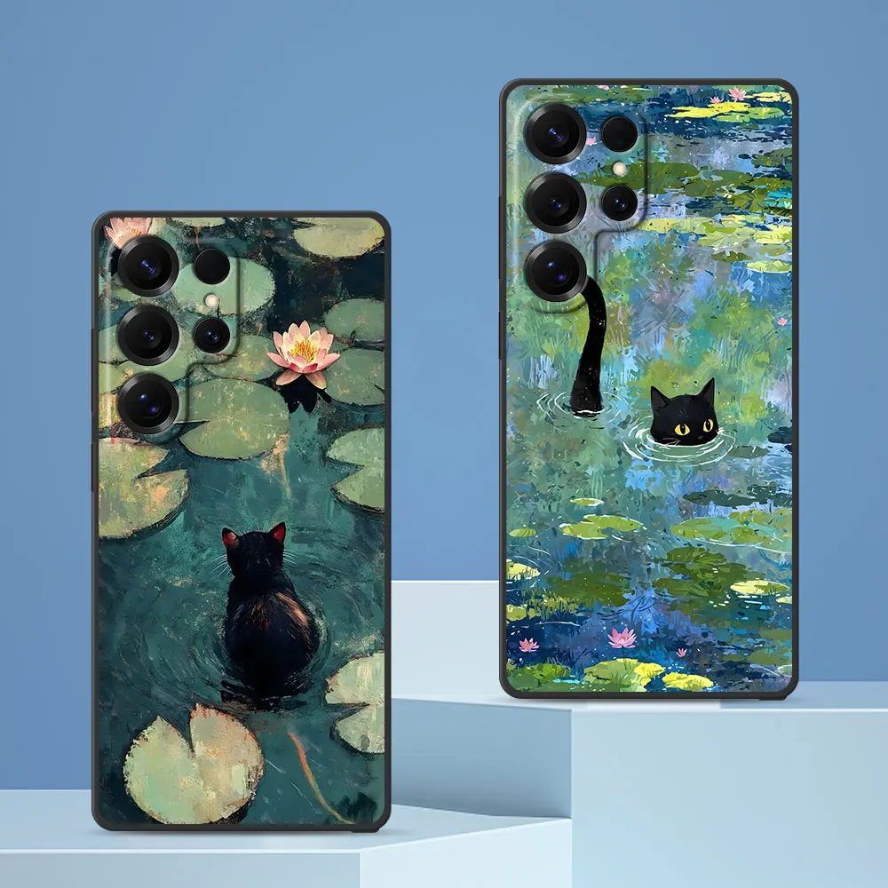 Anime Landscape Painting Cute Cat Case for Samsung Galaxy S24 S22 S23 S25 S20 FE S7 Edge S9 S10 S21 Ultra S8 Plus Phone Cover