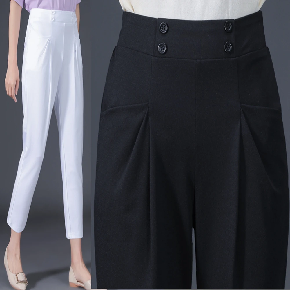 

Women's White Harlan Pants Cropped Pants High Waist Pleated Button Design Commuting Pants Solid Color Knee Length Women's Pants