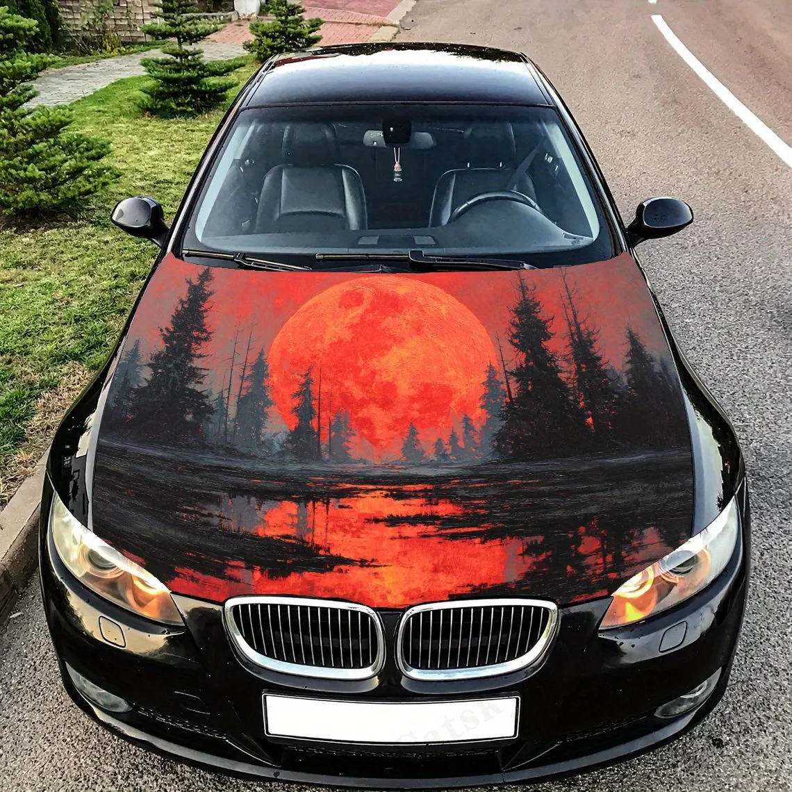 

Red moon reflecting on a serene forest lake Car Hood Decal Sticker, Truck Sticker, Self-Adhesive Long-Lasting Car Accessories, S