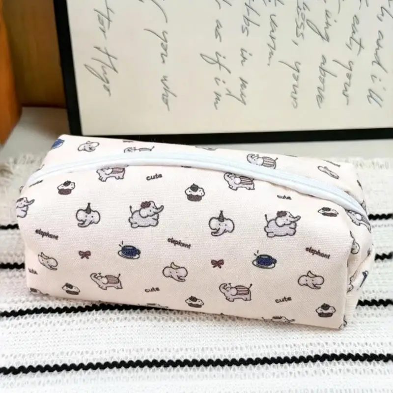 Cute Canvas Pencil Case Cartoon Elephant Print Smooth Zipper Big Storage For School Students