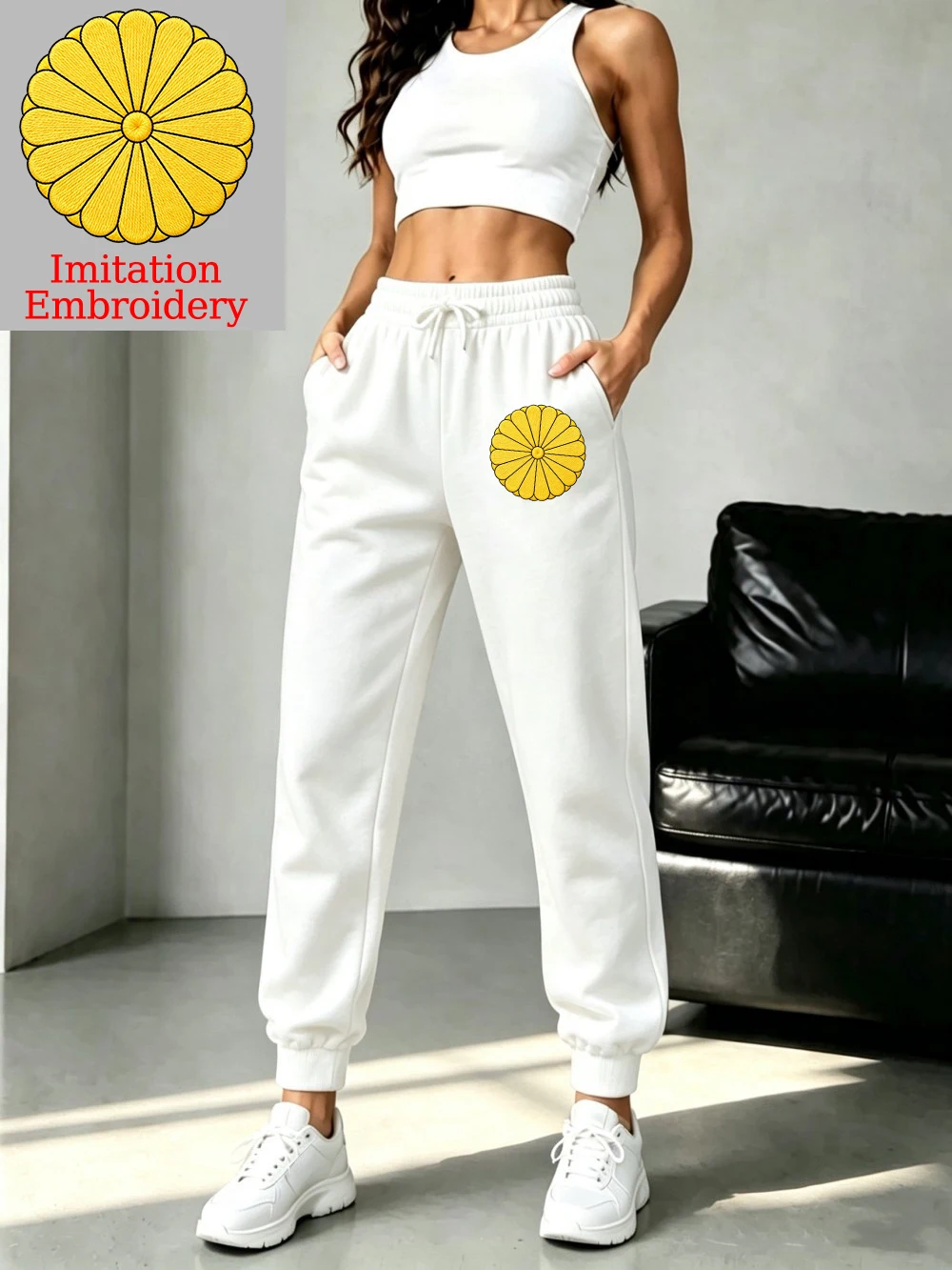 Japan Emblem Prints Womens Trousers Sporty Elastic Waist Sweatpants Basics Fleece Warm Pocket Jogger Pants Casual Loose Clothes