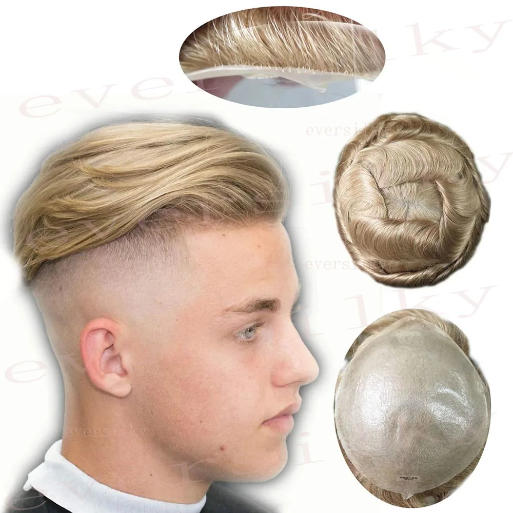 Natural Hairline Mens Toupee 0.02mm Invisible Super UItra Thin Skin Full PU Replacement Blonde Human Hair System Male Prosthesis