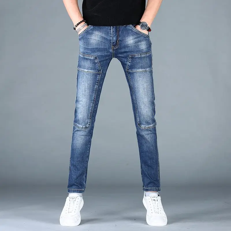 

European and American autumn blue jeans men's slim little feet straight stretch fashion casual trousers mens jeans jeans men