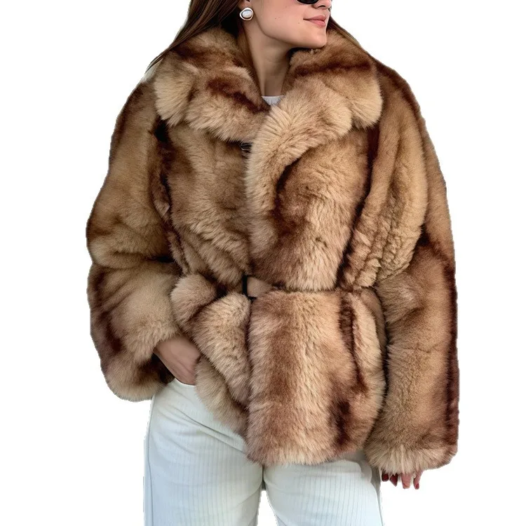 معطف فرو صناعي للنساء لشتاء 2025 لون نقي وجيب للخصر سترة فرو صديقة للبيئة للسيدات معطف فرو منك نسائي ضيق كبير الحجم