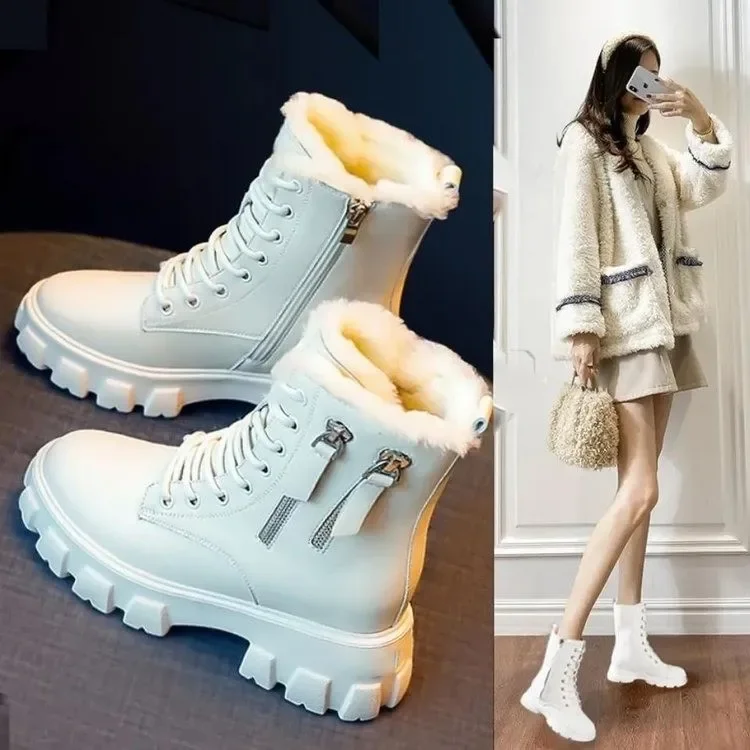 Pu Leather Platform Ankle Boots Women Lace-Up Zipper Thicked Plush Snow Boots Woman Winter Non-Slip Warm Cotton Shoes 2023