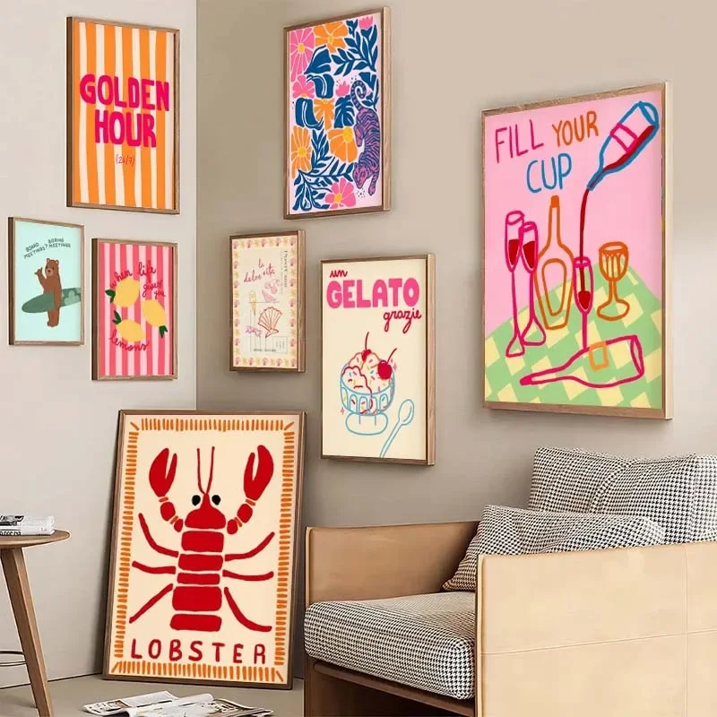 الاستوائية Preppy المشارك صدف الشاطئ الصيف المشارك طباعة النبيذ جراد البحر قماش اللوحة صور المنزل لغرفة المعيشة ديكور