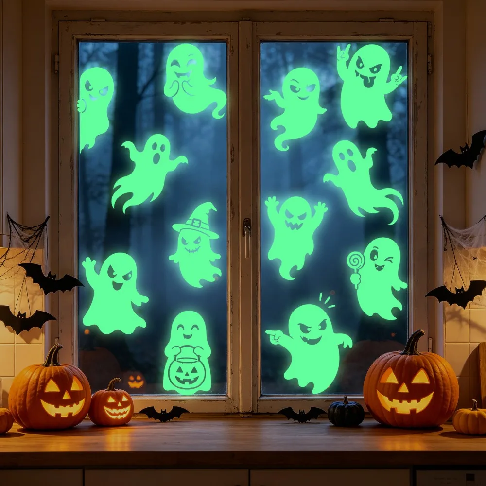 2 Sheet Fluorescent Halloween Luminous Wall Sticker Ghost Pumpkin Eye Pattern PVC Window Sticker Green Light