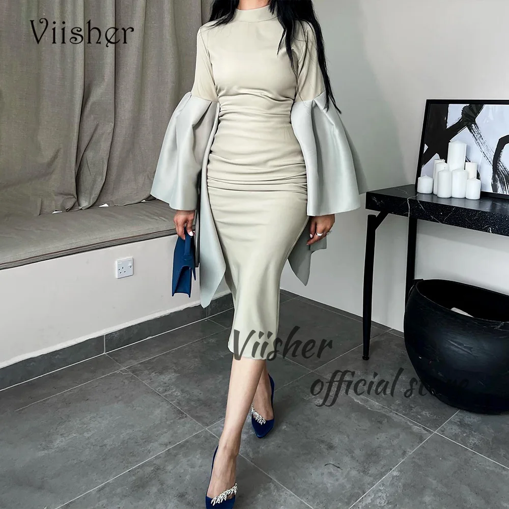 

Viisher Arabic Dubai Prom Party Dresses Long Sleeve High Neck Pelats Satin Mermaid Evening Dress Tea Length Formal Gowns