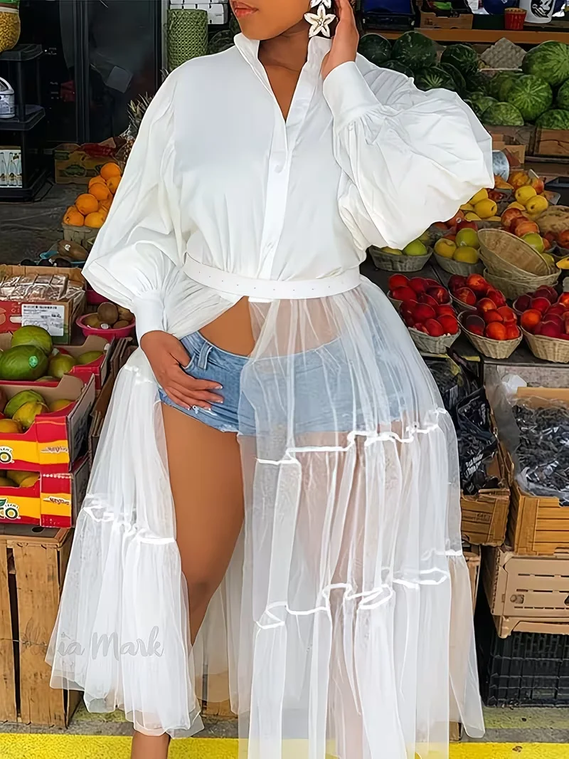 

Plus Size Women's White Tulle Shirt Dress Long Puff Sleeve Belted Tiered Maxi Dress Casual Loose Streetwear for Summer Vacation