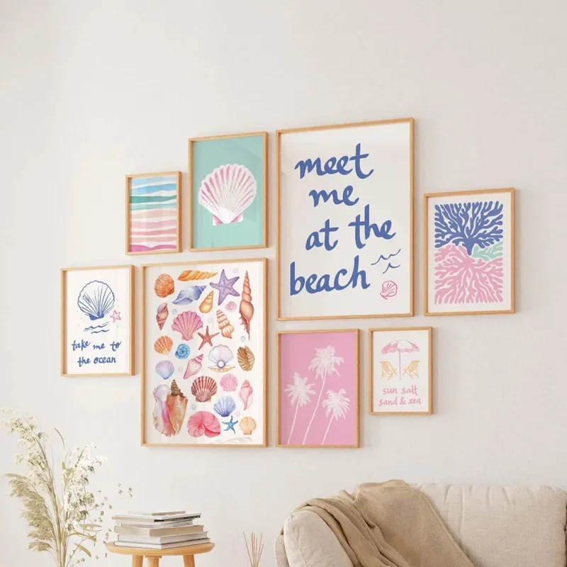 Seaside Colourful Seashells and Coconut Trees Poster Beach Camping Alphabet Summer Canvas Painting Living Room Gallery Wall A