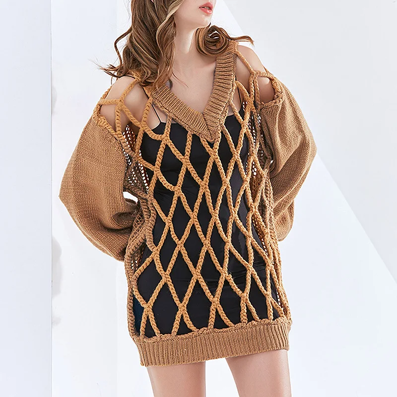 

2024 Autumn Fashion Trendy Design V-neck Personalized Mesh Hollow Knitted Lantern Sleeve Loose Women's Sweater Dress