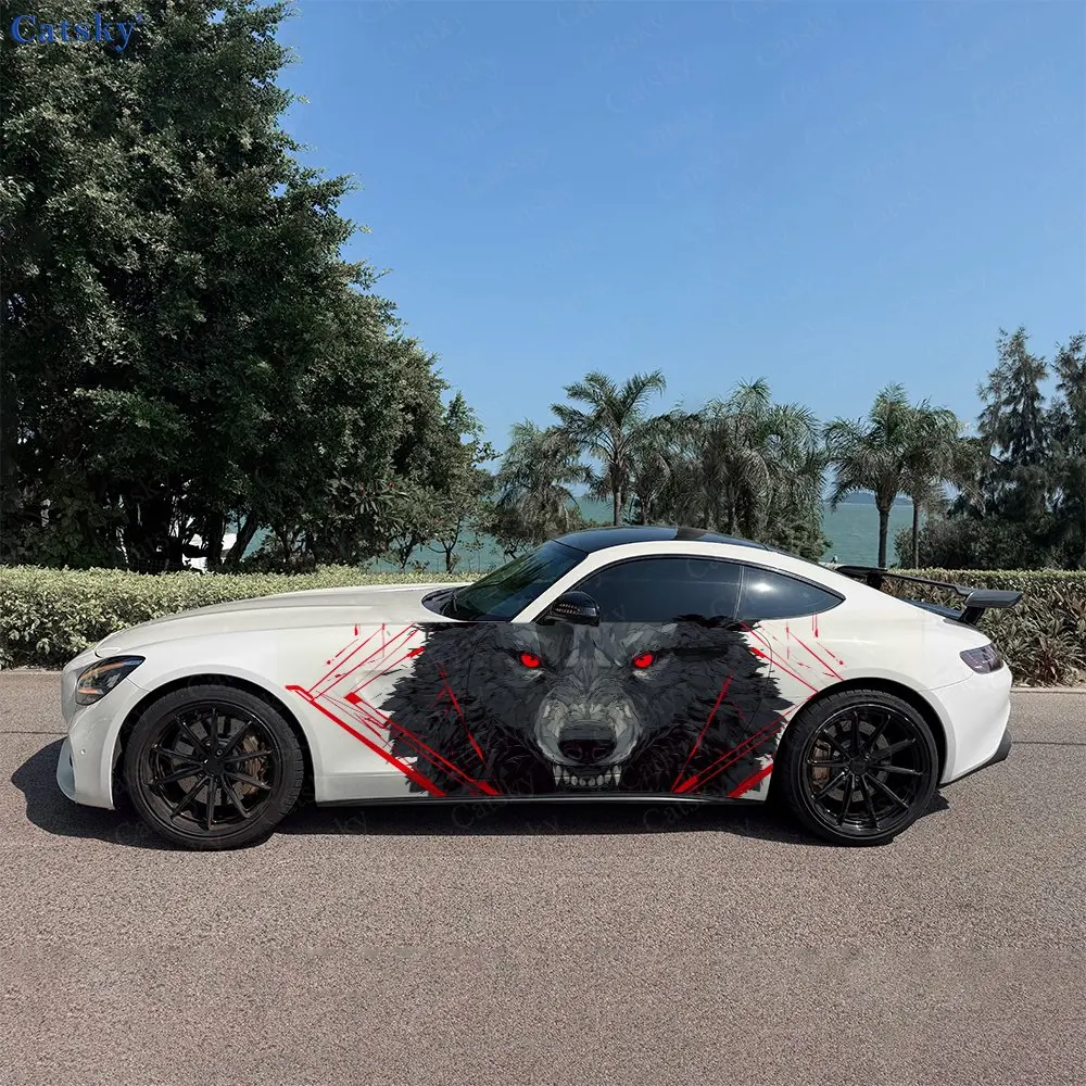 2pcs Geometric Border Dark Fierce Wolf Car Side Wraps, Self-Adhesive PVC Waterproof & Scratch-Resistant Stickers, Car Accessory