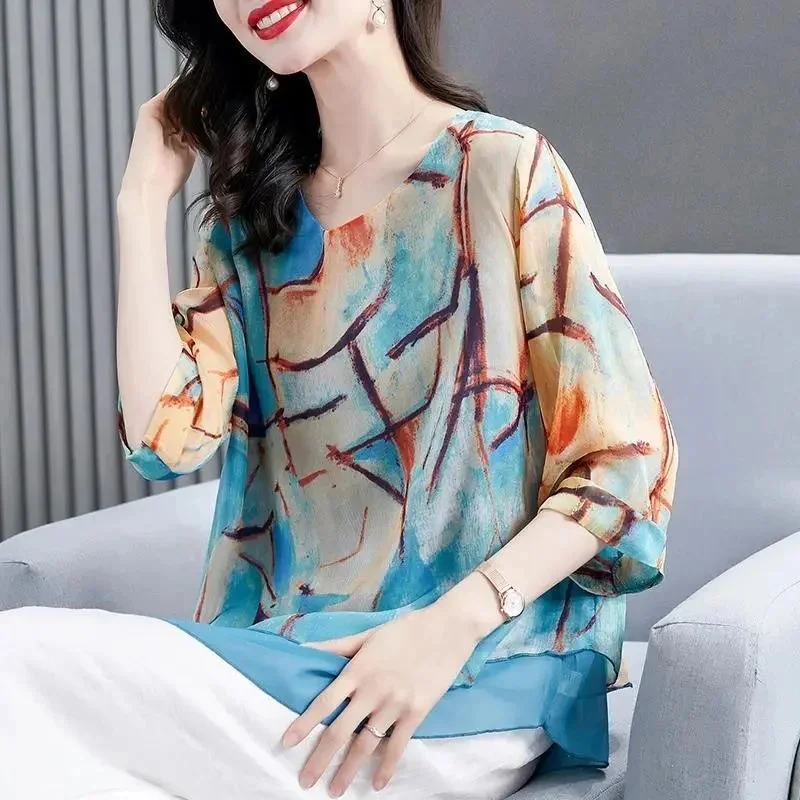 Women Spring Summer Style Chiffon Blouses Shirts Lady Casual Three Quartz Sleeve O-Neck Printed Loose Blusas Tops