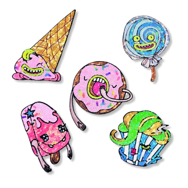 5PCS/Set Embroidered Sequins Donut Ice Cream Patch Cute Iron On Patch for Clothing Jeans Jacket Decoration