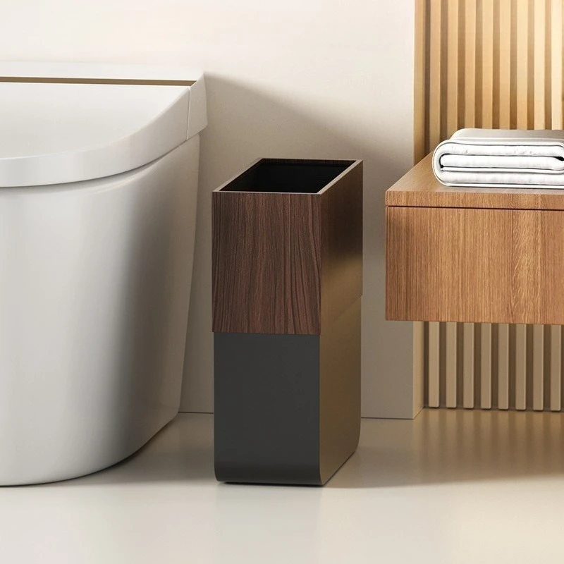 Metal Lidless Trash Can Modern Minimalist Garbage Bin Nordic Walnut Wood Household Trash Cans Bathroom Cleaning Tools Accessory