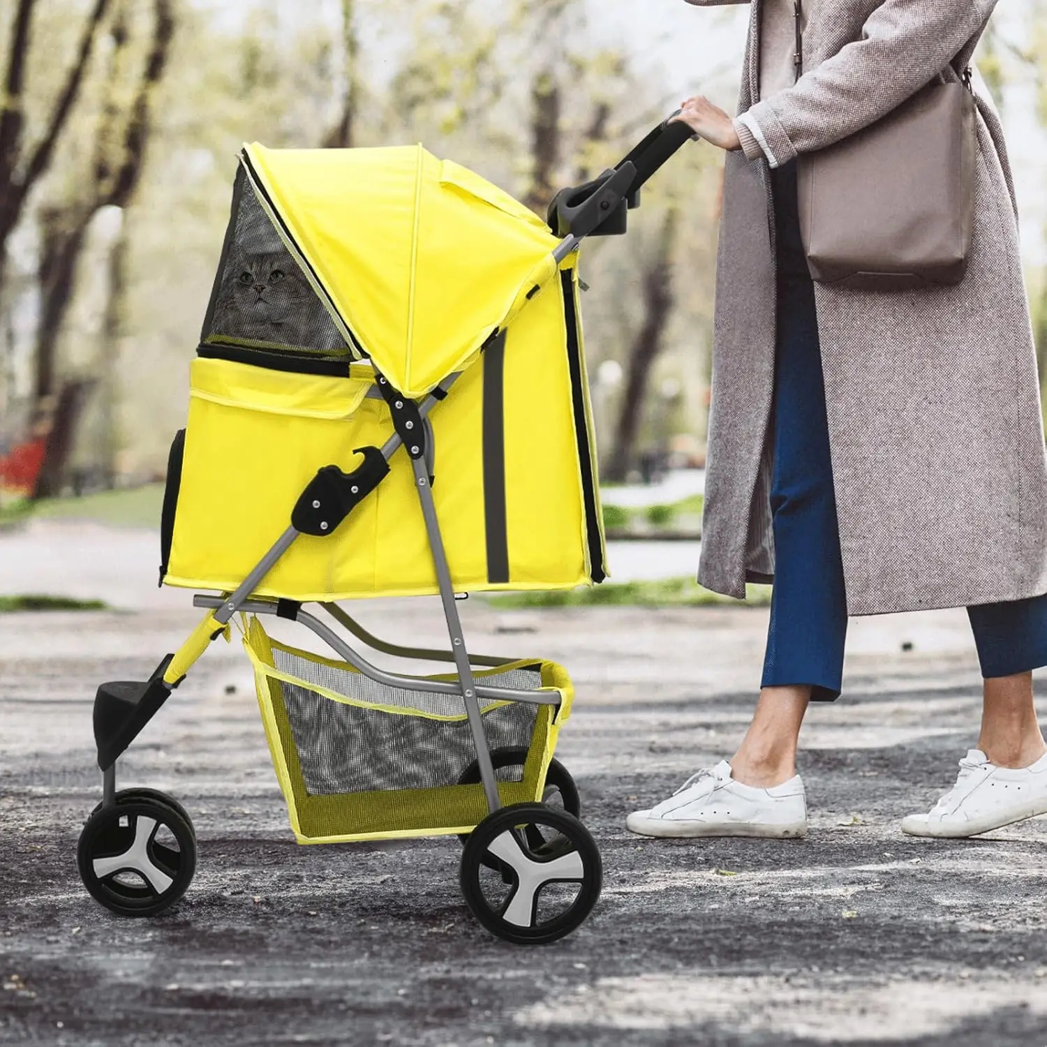 Foldable Pet Stroller with Waterproof Cover, 3-Wheels Dog Strolling Cart for Small/Medium Dogs and Cats, Yellow