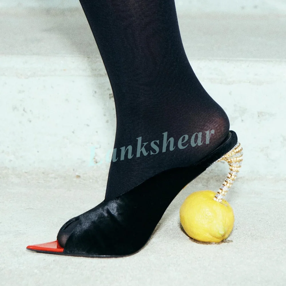 

Black Velvet Peep Toe Mule Heels for Women Unique Curved Sculptural Heel Full Sparkling Clear Crystal Runway‑Inspired Footwear