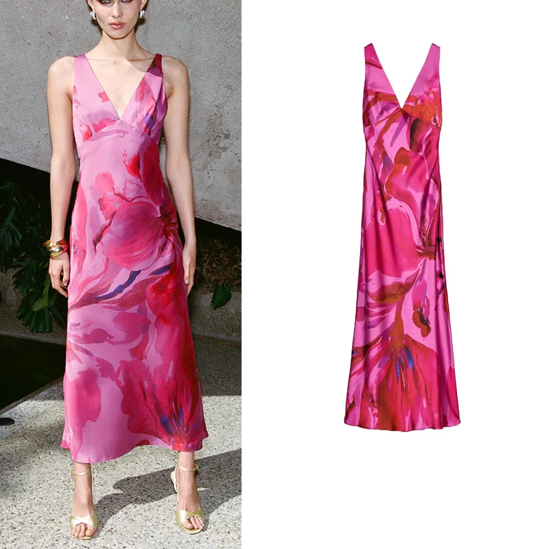 Spring Summer Women's Wide oulder Strap Twist Design Print V-ne Silk Satin Feel Midi Dr Ele High Waist Long Skirt