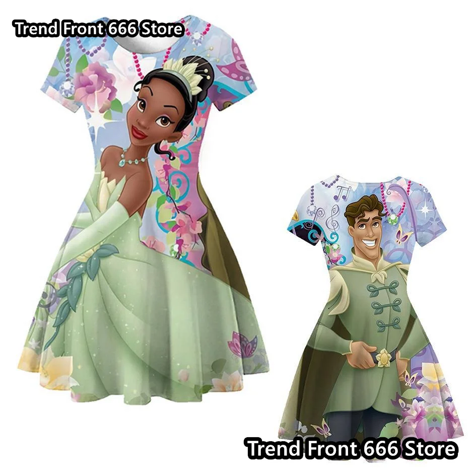 24/25 New Princess Tiana Cartoon Girls Dress Disney Princess Children\'s One-piece Knee Length A-line Short Sleeve Skirt